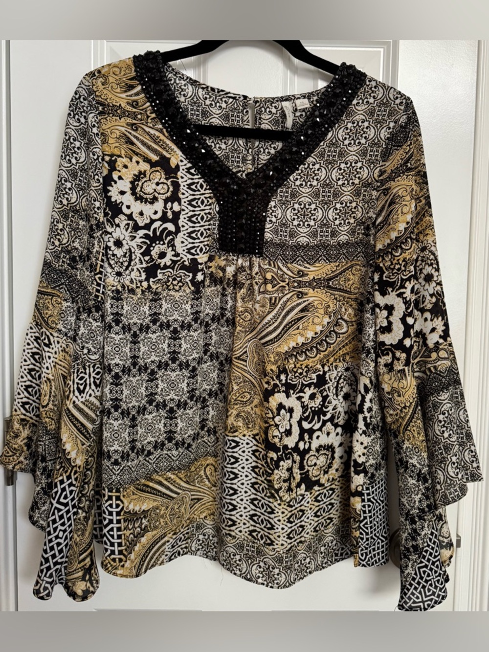 Cato Black & Gold Beaded V-Neck Patchwork Tunic